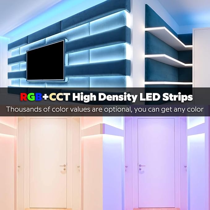 24VDC Highest Density 5-in-1 5050 RGBWW (RGB+Warm White+Daylight) 112LEDs/m Bright RGBCCT LED Strip 16.4FT Dimmable Tape Lights for Bedroom Decor (16.4Ft IP20 Non-Waterproof)