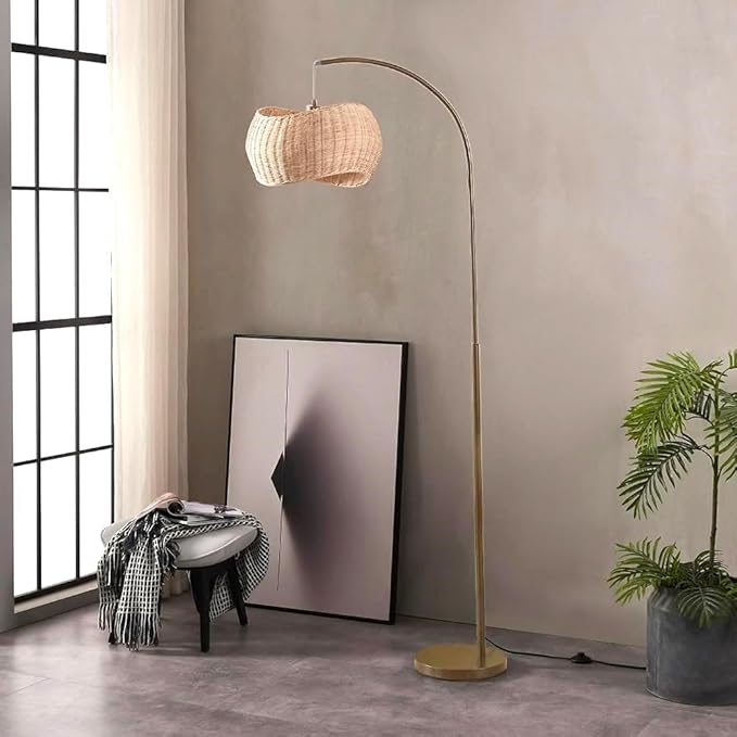 Brightech Wave Arc Floor Lamp - Chic Standing Lamp with Unique Hanging Wicker Pendant Shade for Living Room, Boho Rattan Natural Decor Lamp, Arcs Over Sofa, Bedroom & Office Desk for Reading - Brass