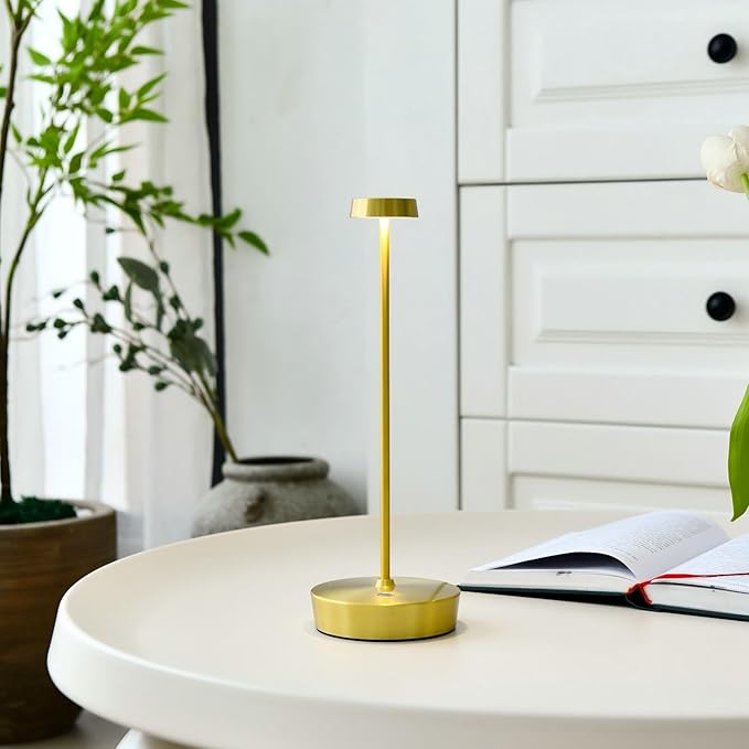 Cordless LED Table Lamp，Rechargeable Battery Desk Lamps, 3 Color Stepless Dimmable Metal Battery Table Lamps, Portable Waterproof Table Light for Indoor/Outdoor/Restaurant (2Pack Brass)