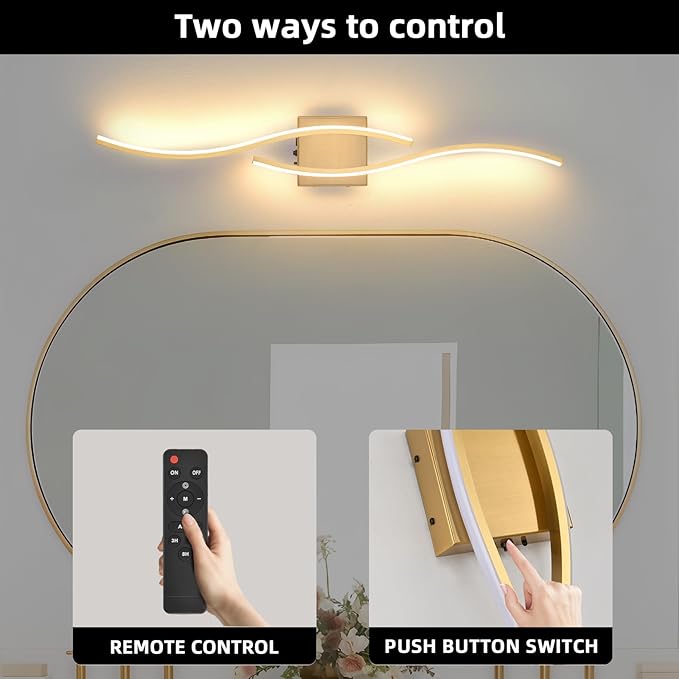 Battery Powered Wall Sconces Set of 2, Gold 31.4" LED Dimmable Wall Sconce with Remote Control/Timer/Memory, USB Rechargeable Wall Lights for Living Room, Bedroom, Hallway Wireless scones Lighting