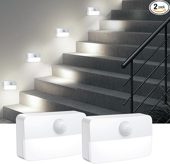AMIR 2 Pack Mini Motion Sensor Stair Light for Indoor, Battery-Powered LED Night Light, 40 Lumen 6500K, Cordless Closet Lights, Safe Lights for Stairs, Hallway, Bathroom, Kitchen, Cabinet