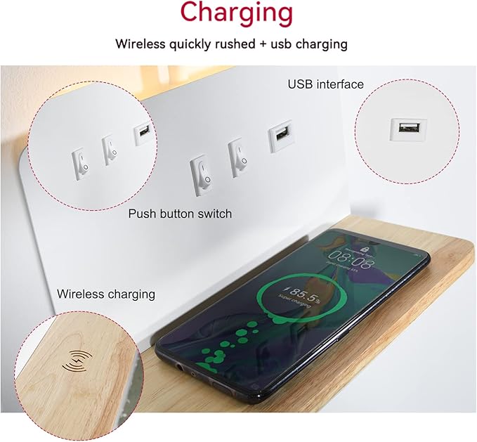 Bedside Wall Sconce with Wireless Charging Station & USB Port, Wall Mounted LED Reading Light with Flexible Gooseneck, 3 Color Temperatures, Plug-in or Hardwired Bed Reading Lamp for Bedroom, White