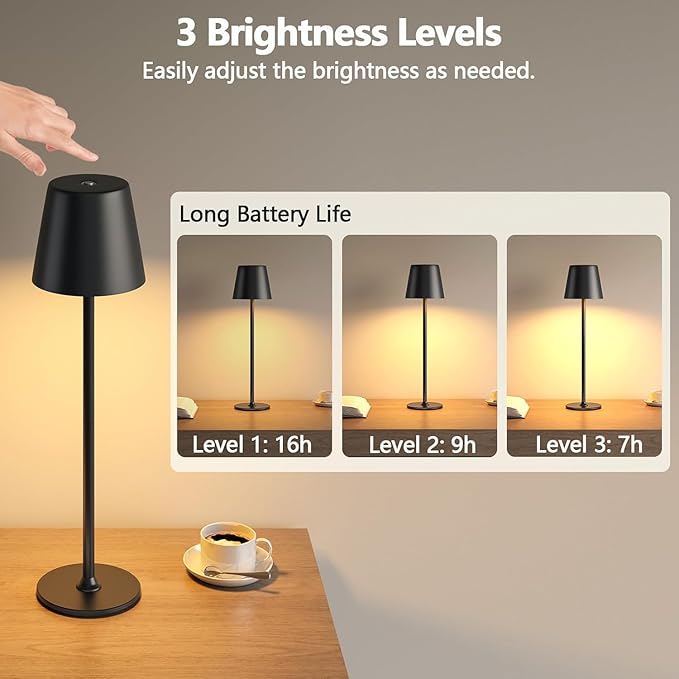 2-Pack Cordless LED Table Lamps, Touch Dimmable Bedside Night Lights, Rechargeable USB, Full Metal Body, Dual Battery, IP54 Waterproof – Black