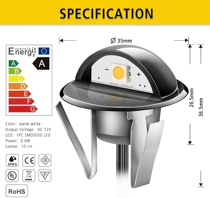 20pcs LED Step Lights Low Voltage IP65 Waterproof Recessed LED Deck Lighting, Half Moon F1.38 Yard Garden Patio Step Landscape Pathway Decor Lamps, Warm White