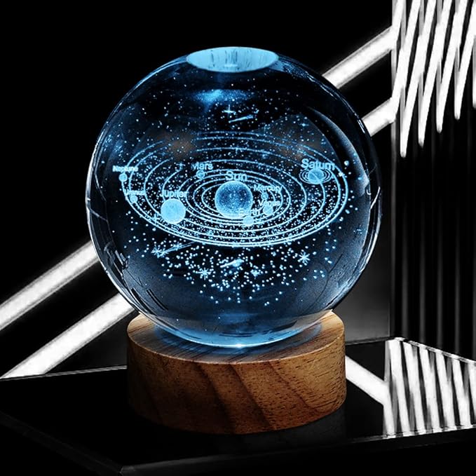 3D Solar System Crystal Ball Night Light with 16 Color LED Wooden Base, Upgraded 3.15 In Galaxy Planets Glass Ball Lamp with Remote Control Cool Astronomy Desk Decor Gifts for Kids Girls Boys Friends