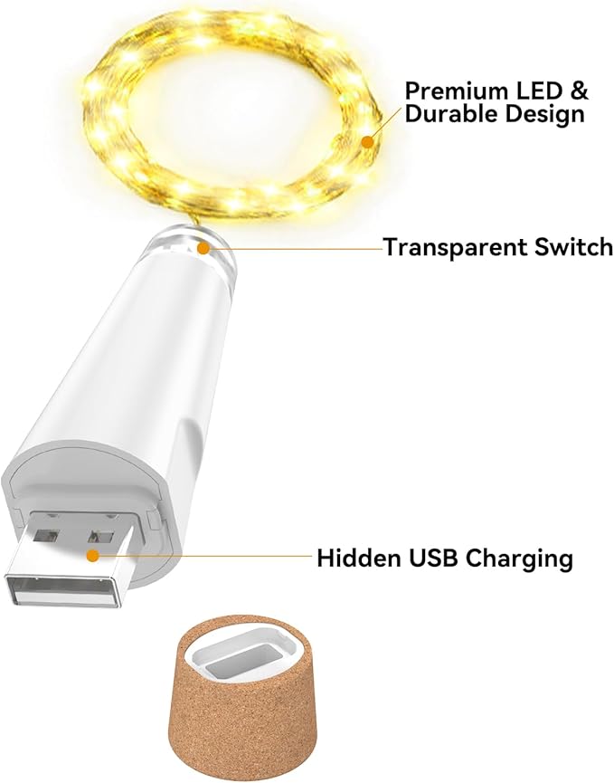 OUSMIN String Lights, USB Rechargeable Wine Bottle Lights with Cork, 2025 Version USB Fairy Light for Party Christmas