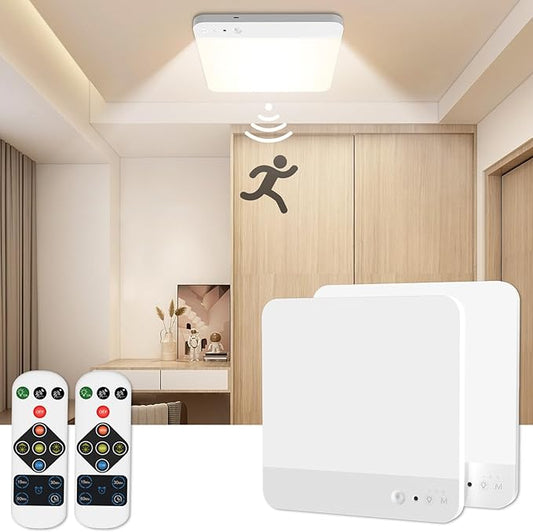 Motion Sensor Closet Lights with Remote: Rechargeable Shower Light Waterproof, Magnetic Battery Operated Ceiling Lights, No Wired LED Motion Activated Light for Closet Shower Pantry Hallway 2 Pack