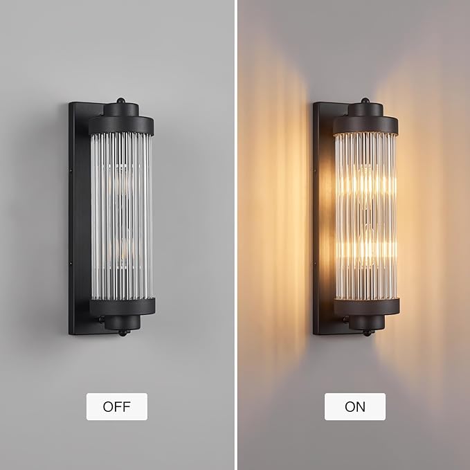 Black Wall Sconces Set of Two with Crystal Glass Strip Bathroom Sconces Modern Wall Lights for Bedroom Living Room Hallway Wall Light Fixtures, 2 Light E12 Base