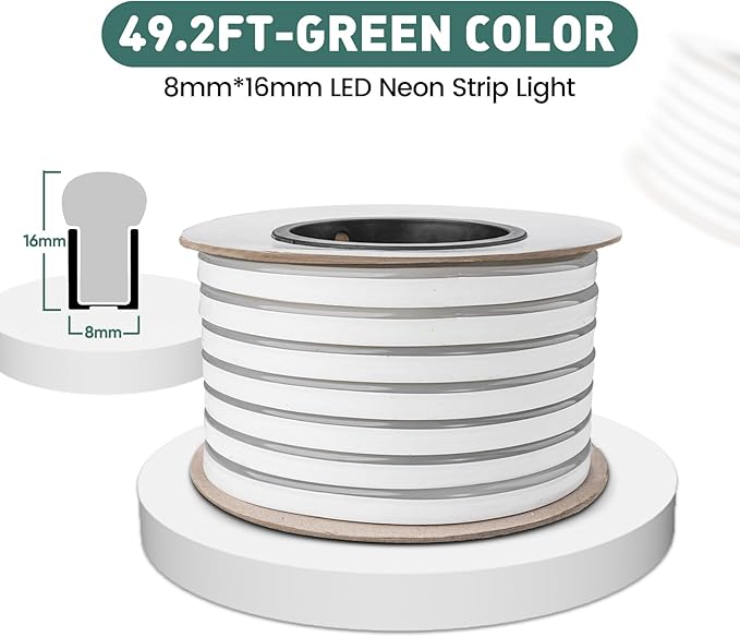 GZBtech Flexible LED Neon Rope Lights 50FT,AC 110-120V Waterproof Strip Light, 120 LEDs/M Cuttable Connectable Neon Lighting for Indoor Outdoor Home Decor/Commercial Building Use-Green 15M, ETL Listed