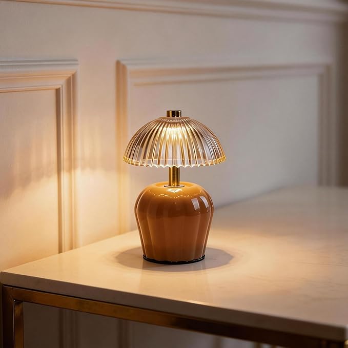 MJ PREMIER Small Cordless Lamp, Battery Operated Lamp with Timer, Mini Crystal Glass Mushroom Lampshade, Cute Small Table Lamps, Decorative Led Light for Bedroom Living Room Shelf (Brown)
