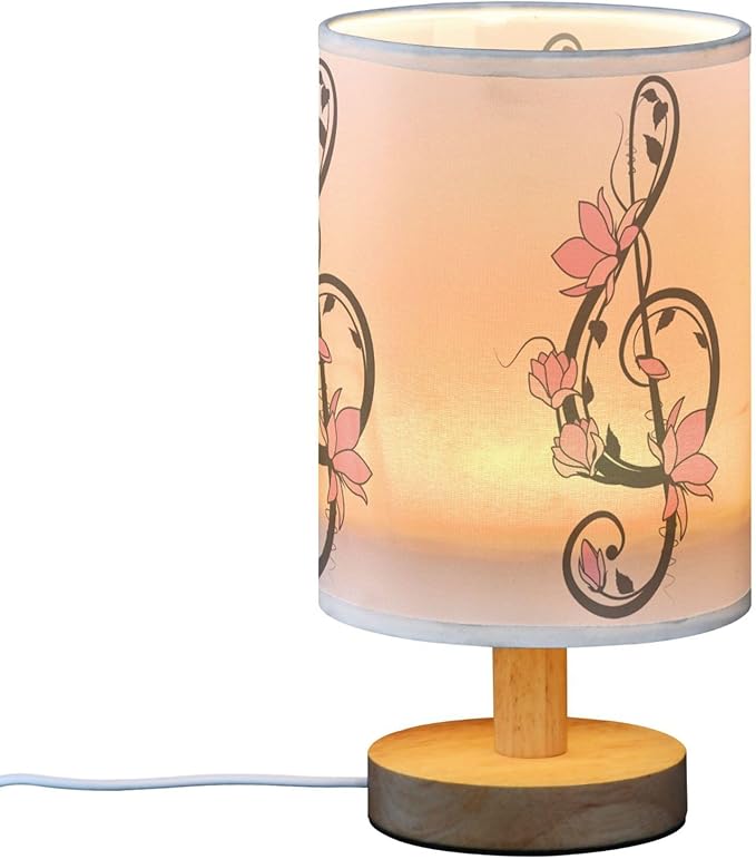 Treble Clef Music Note Pink Flower Floral Branch Table Lamp with Wood Base Fabric Lamp Shade Bedside Nightstand Desk Lamp for Living Room Bedroom Kids Room Office