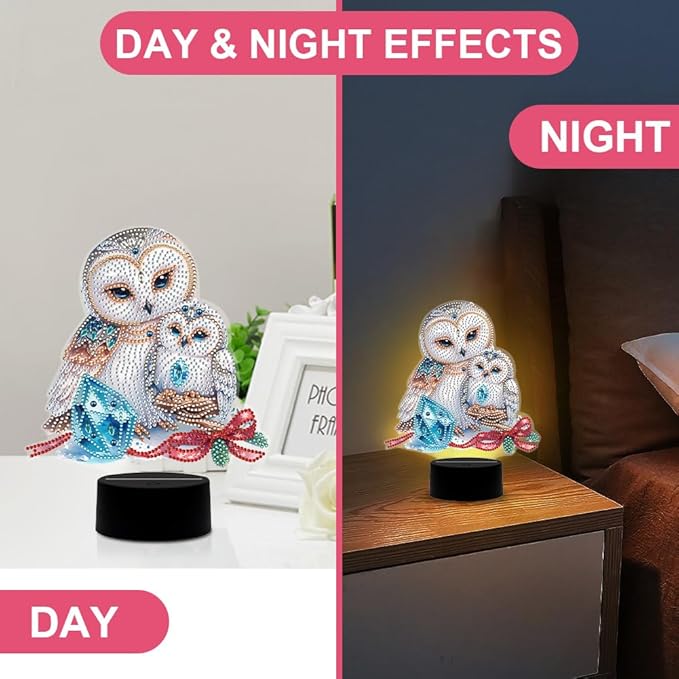 Adorable Owl Diamond Art Painting Night Light,Diamond Art Painting Kits Desktop Touch Lamp Ornaments for Tabletop Decor Diamond Art Accessories for Adult Beginner Bedrooms Living Room