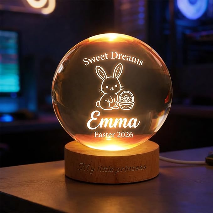 Personalized Easter Bunny Crystal Ball LED Lamp, Custom Name Glass Globe Night Light, Sweet Dreams Engraved Spring Home Decor Accent Light with Wooden Base, Easter Keepsake Gift for Family Display