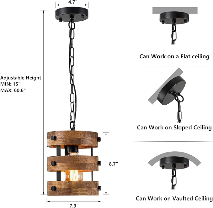 Farmhouse Dining Room Light Fixture, Retro Industrial Metal and Wood Chandelier, Rustic Pendant Lights Kitchen Island for Foyer Hallway Bar Restaurant, D 7.9" x H 8.7"
