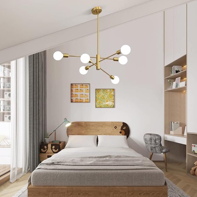 Sputnik Chandelier Modern Industrial E26 Gold Chandeliers Mid Century Ceiling Lighting Fixture for Living Room, Kitchen, Bedroom, Dining Room, and Farmhouse