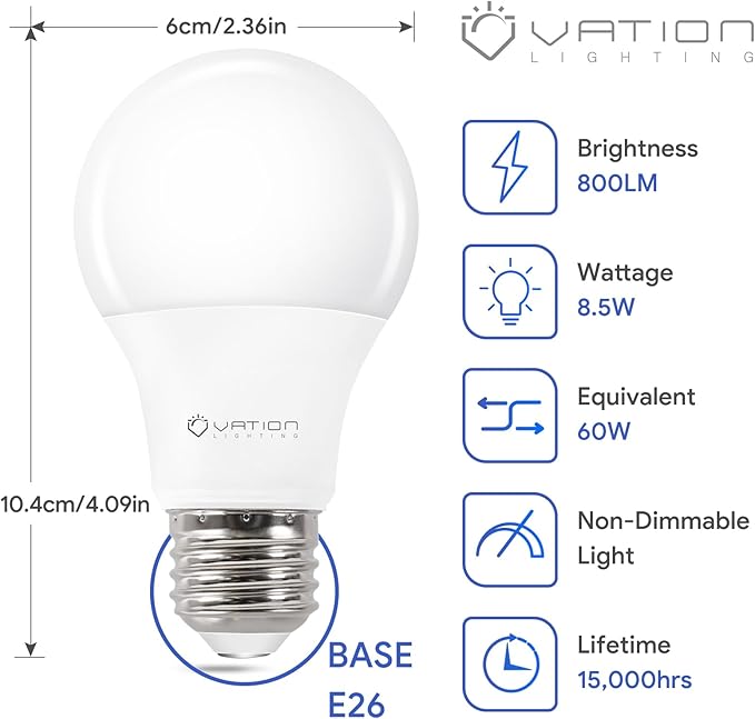 A19 LED Light Bulbs 3000K Warm White, 60 Watt Equivalent, Efficient 8.5Watt, 800 Lumens, E26 Medium Base, Non-Dimmable, ETL/UL Listed, 24 Pack