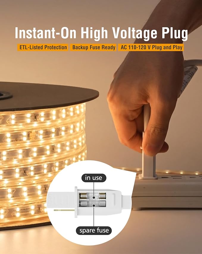 Shine Decor Plus LED Strip Lights AC 120V, Connectable Double Row Bright Rope Light, ETL IP65 Waterproof & Weather-Resistant for Accent Lighting, 7x17mm, 2800K Warm White, 32FT