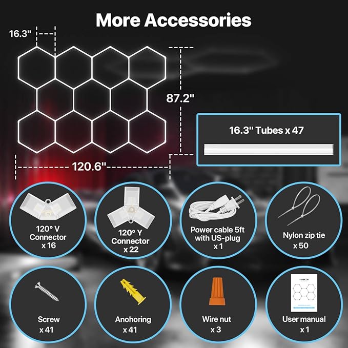 HYPERLITE Gen 2 Hexagon Garage Lights: 322W 32200LM 11 Grids Hexagon Led Light, 6500K Ultra Bright Honeycomb Hex Lights, Easy Install, Durable Design for Garage, Car Detailing, Workshops, Gym