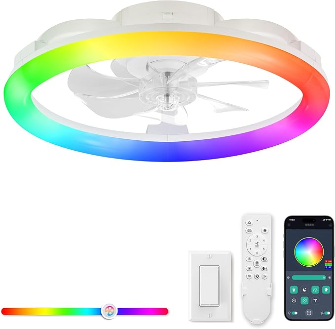 LEDIARY RGB Low Profile Ceiling Fans with Lights and Remote, 20 Inch Dimmable Modern Ceiling Fan(3000K-6000K), 6 Speed, Reversible, APP & Remote Control, Flush Mount Fan Light, White RGB Ceiling Fans