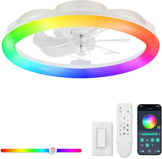 LEDIARY RGB Low Profile Ceiling Fans with Lights and Remote, 20 Inch Dimmable Modern Ceiling Fan(3000K-6000K), 6 Speed, Reversible, APP & Remote Control, Flush Mount Fan Light, White RGB Ceiling Fans