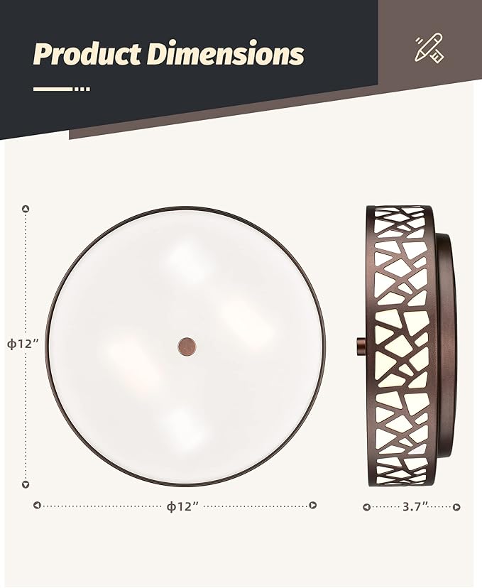 2 PK Flush Mount Ceiling Light Fixture, 12 Inch Ceiling Light Fixtures with Frosted Glass Shade, 2 - Bulb Oil Rubbed Bronze Light Fixtures Ceiling Mount for Bedroom, Hallway, Kitchen, Bathroom