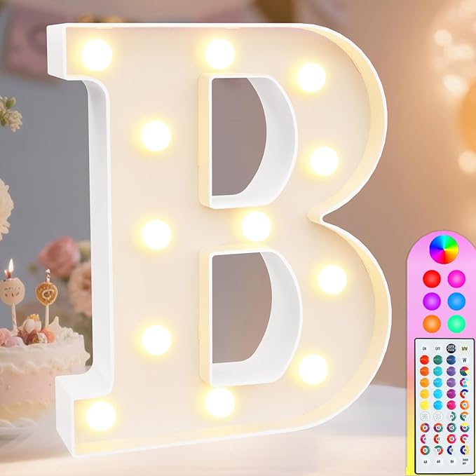Pooqla Colorful Light Up Letters with Remote, Upgraded 35 Colors LED Marquee Letters, RGB Lighted Letter for Girls Teenager Gift, Birthday, Party, Wedding, Night Light, Room, Bedroom Decor, Letter B