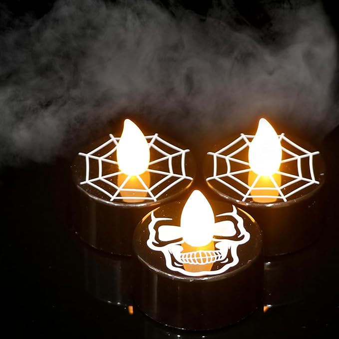 GenSwin Halloween Black Tealights Candles, Battery Operated Tea Lights Candles with Timer, 12 Pack Flameless Candles with 3D Wick, LED Votive Candles with Skull and Spiderweb Prints for Home Decor
