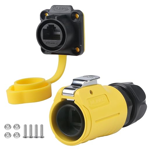 CNLINKO LP-20 RJ45 Waterproof Connector Set, CAT6 Ethernet Connector 8P8C Dual Port Connector Panel Mount Receptacles Socket IP68 Waterproof Connector (Yellow RJ45 4-Hole Set)