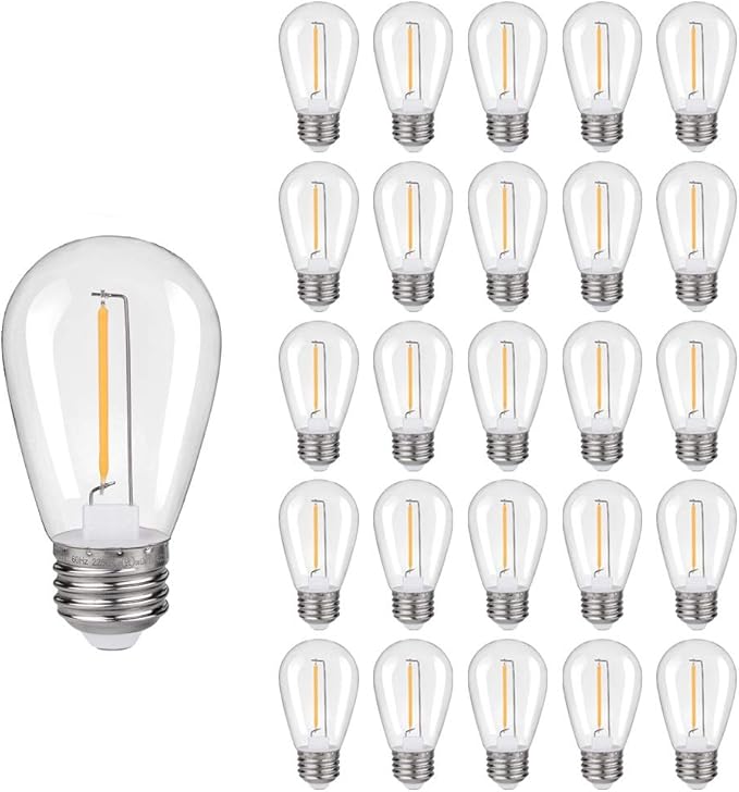 KGC 25 Pack Shatterproof & Waterproof S14 Replacement LED Light Bulbs –1W Equivalent to 10W, White Warm 2200K Outdoor String Lights Vintage Filament Bulb, E26 Base Edison LED Bulbs