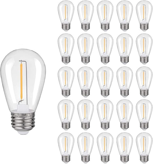 KGC 25 Pack Shatterproof & Waterproof S14 Replacement LED Light Bulbs –1W Equivalent to 10W, White Warm 2200K Outdoor String Lights Vintage Filament Bulb, E26 Base Edison LED Bulbs