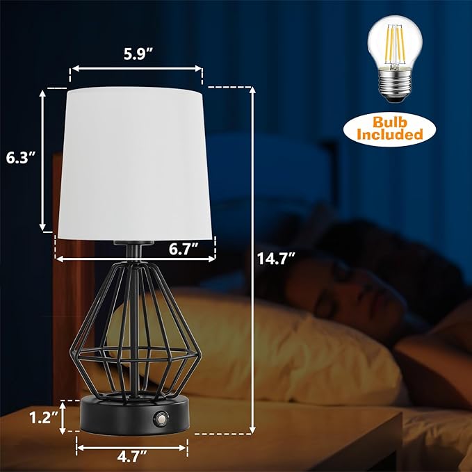 8000mAh Rechargeable Battery Table Lamp,Black Cordless Lamp Set of 2,Touch Stepless Dimming,Black Cage Frame Wireless Lamp,White Lampshade,14.7inches Tall