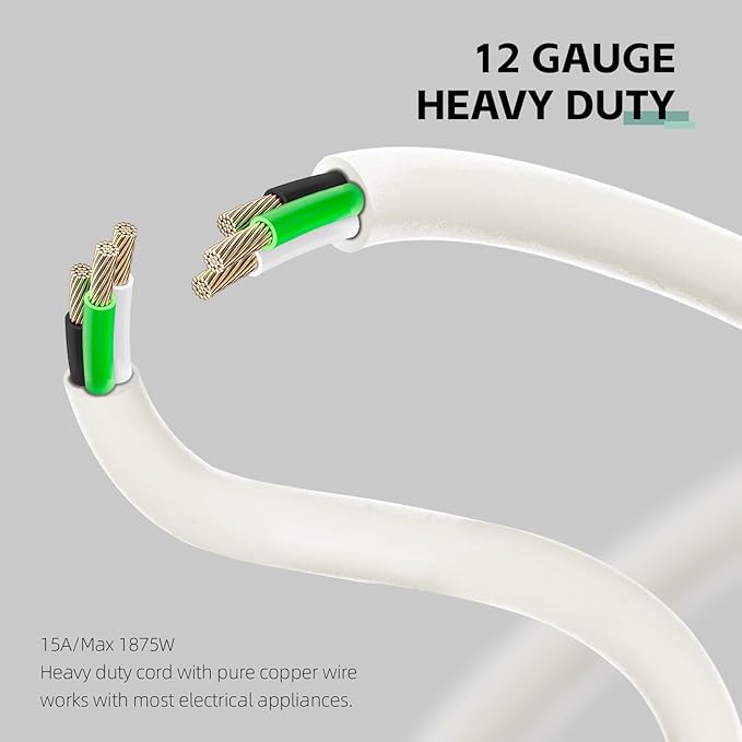 8 Ft Outdoor Extension Cord - 12/3 SJTW Heavy Duty White Extension Cable with 3 Prong Grounded Plug - Power Cord for Lawn, Garden, Appliances