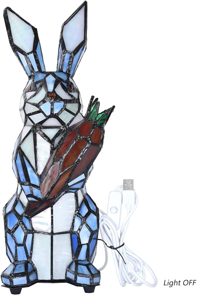 Bieye L10885 Rabbit Holds Carrot Tiffany Style Stained Glass Accent Table Lamp for Home Decor (Blue)