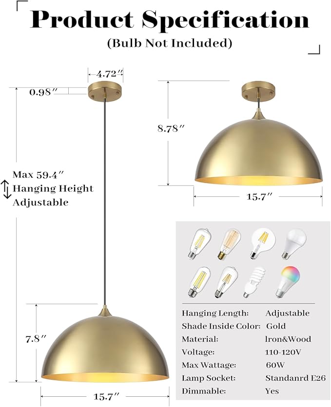 Gold Pendant Lights Kitchen Island, 16 Inch Large Pendant Light, Gold Dome Pendant Light, Industrial Farmhouse Pendant Lights for Kitchen Island, Dining Room, Cafe, Bar, 2 Pcs