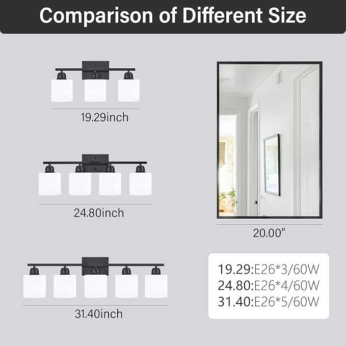 3-Light Bathroom Light Fixtures, Black Bathroom Vanity Lights with Milky White Frosted Glass Shades, Black Vanity Light for Bathroom Mirror, Bedroom, Living Room, Vanity Table, E26 Base