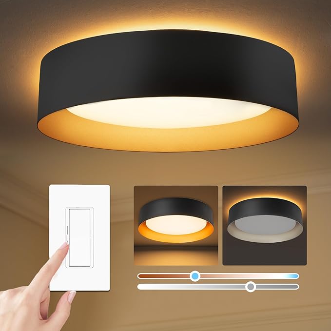 Bargeni Flush Mount Ceiling Light,12.5 inch LED Ceiling Light with Night Light,Matte Black with Gold Inside,24W/2700K/3000K/4000K/5000K/6000K/5CCT Selectable,Light Fixtures Ceiling Mount for Bedroom