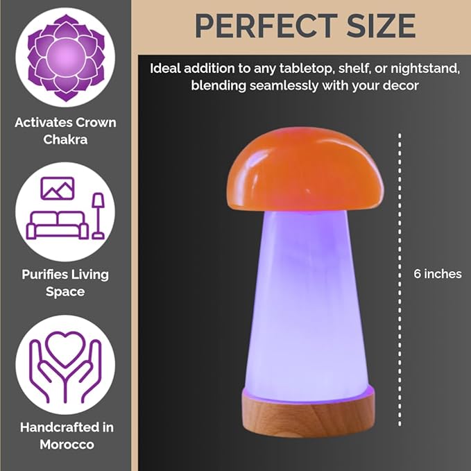 Wish Well Mushroom Selenite Lamp with 7 Color LED Wooden Base - 6” Mushroom Selenite Tower Healing Crystals for Zen Decor, Spiritual Room Decor, Energy Healing, and Protection Crystals