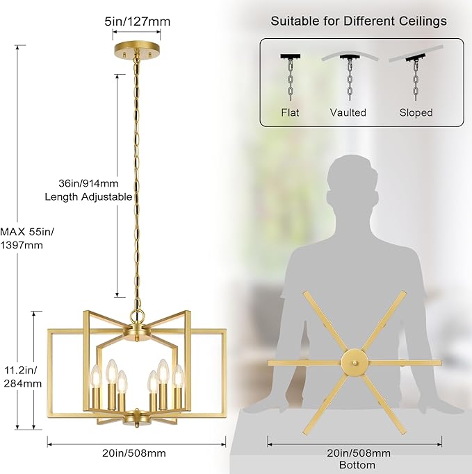 6 Light Gold Chandelier, Dining Room Light Fixture, Modern Farmhouse Industrial Metal Geometric Ceiling Light Rustic Hanging Pendant Lights with E12 base for Kitchen Island Entryway Foyer, Indoor