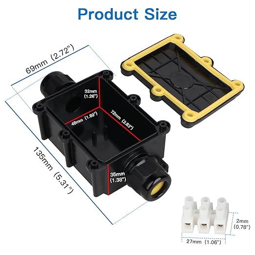 Helunsi Waterproof IP68 External Junction Box, 2 Way Outdoor Junction Box, Underground Plug Line Coaxial Cable Connector Wire Range 5 to 15mm Electrical Power Cord Weatherproof Junction Boxes - Black