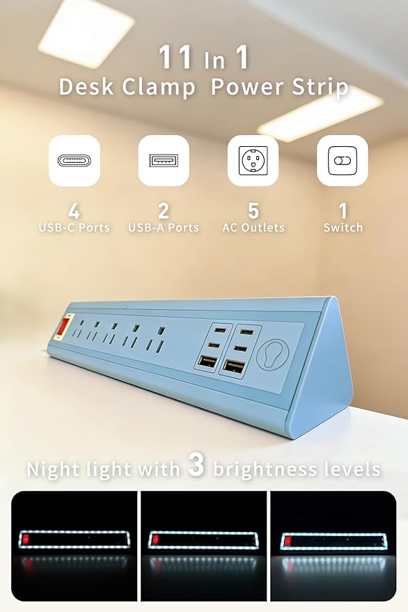 Desk Clamp Power Strip with Nightlight, 40W Fast Charging, 10FT Extension Cord, 4x20W USB-C & 2 USB Ports, 5 AC Outlets, Fits 1.69-Inch Table Edges