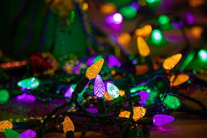 Novelty Lights 24FT 70 Light Purple Green and Yellow LED Mardi Gras Lights, C6 Bulbs, Connect up to 43 Sets, Indoor/Outdoor Use