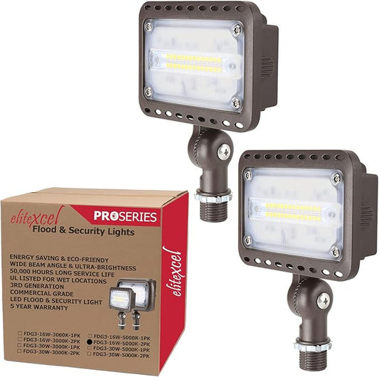 Outdoor Tree Lights - 16W UL Listed Landscape Lights, 1600lm LED Flood Light, Waterproof, 5000K Daylight White, 1/2'' Knuckle Mount, 120V, 5 Year Warranty