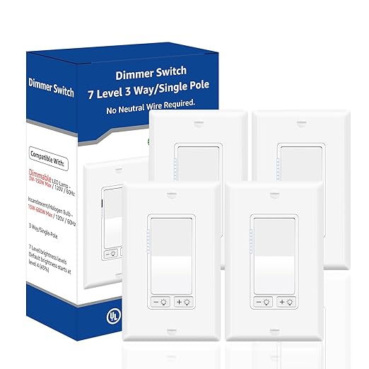 Dimmer Light Switch,Greencycle 4PK 3 Way Dimmer Switch for Dimmable 150W LED CFL Light,600W Halogen and Incandescent,15A 120V,Neutral Wire Not Required,Residential/Commercial,ETL Listed
