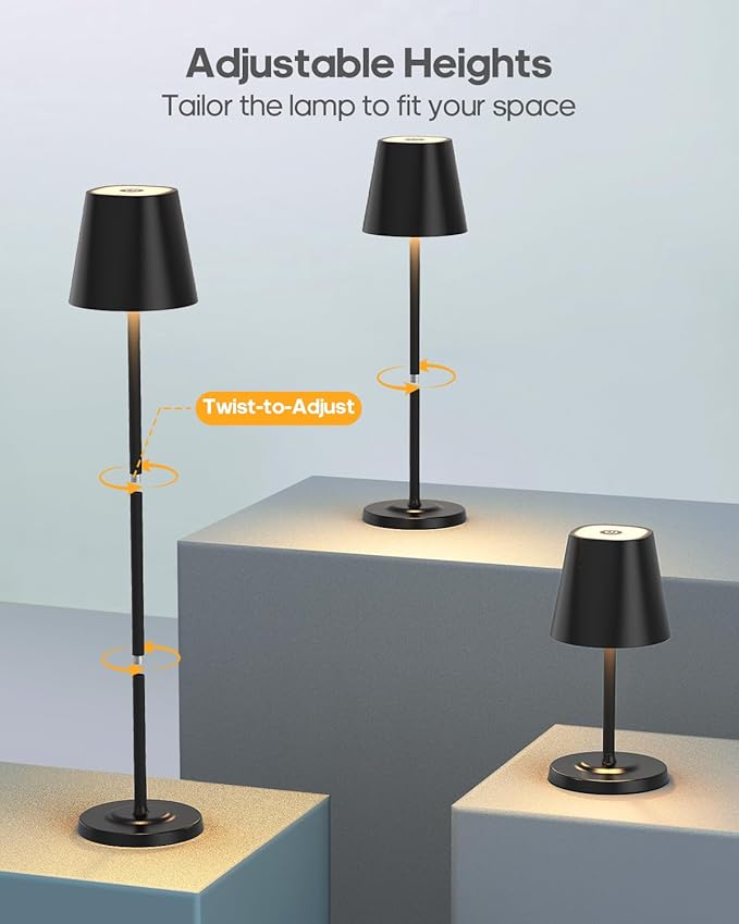 LED Cordless Table Lamp Rechargeable, 3-Height Adjustable, 5500mAh Battery Operated Lamp, 3-Color Dimming Touch Lamp, Portable Lamp for Dining, Bedroom,Camping, Outdoor, Indoor(Black 2 Pcs)