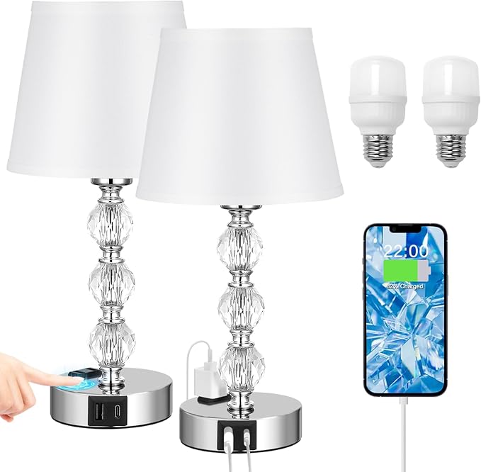 Acaxin Crystal Table Lamp Set of 2 for Bedroom/Living Room, 14.6in (White)