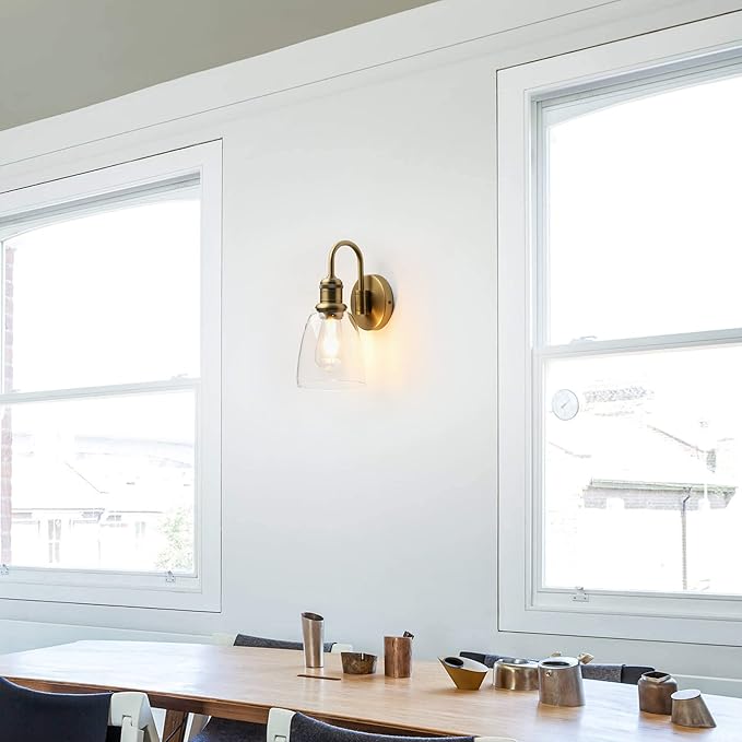 1-Light Vintage Gooseneck Wall Sconce Lamp with Cloche Clear Glass Shade, Industrial Indoor Wall Light Fixture for Bathroom Living Room Bedroom Over Kitchen Sink