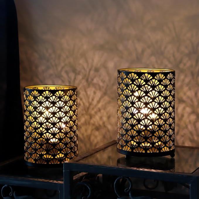 TRIROCKS Set of 12 Table Lamp 6.5'' Tall Metal Cordless Table Lamp Bronze Lanterns with Warm Fairy Lights Bulb for Patio Garden Wedding Parties Indoor Outdoor(Scalloped Hollow Pattern)
