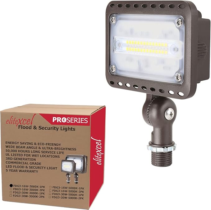 LED Flood Light Outdoor, 3rd Gen 16W Landscape Lights, 1500 Lumen 50W Replacement Waterproof Backyard Security Lights, 3000K Warm White, 1/2" Knuckle Mount, 120V and 5 Year Warranty