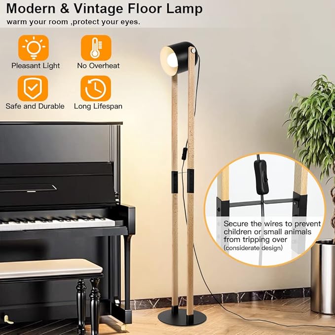 Depuley Modern Floor Lamp, Wooden and Metal Floor Lamps for Living Room, 360° Heads Rotatable Standing Light with Pressure Switch, Reading Lamp for Bedroom Office Decoration, E26 Bulb Included