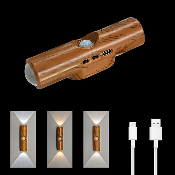 Motion Sensor Wall Lamp, Motion Sensor Light Indoor, Smart Night Light, Rechargeable Sensor Bathroom Light, Magnetic Mount lamp for Bedroom, Bathroom, Courtyard, Livingroom (Walnut-3 Color)